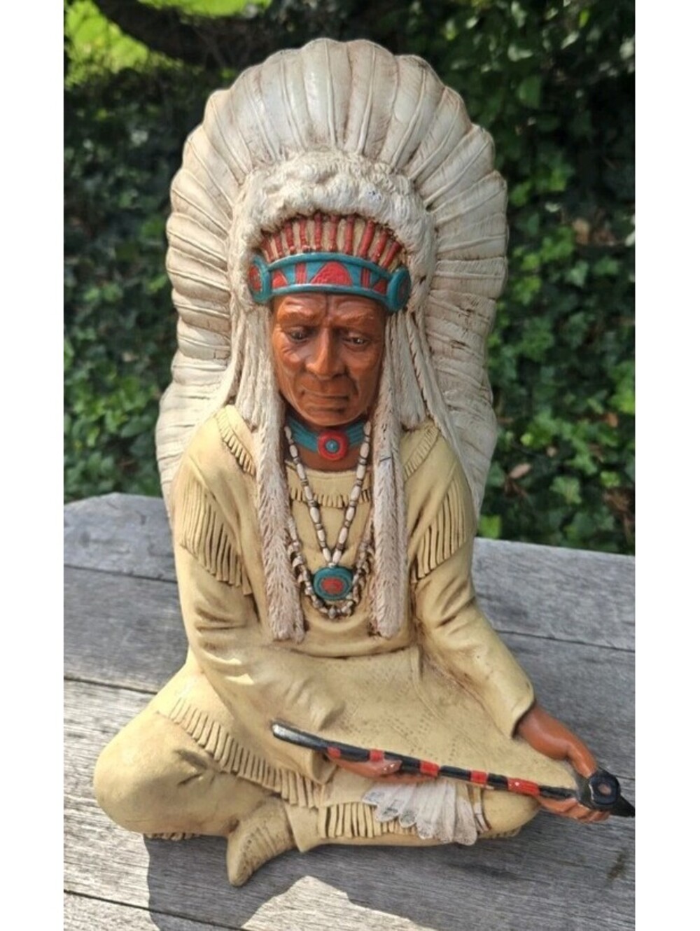 Native American Statue VINTAGE 1974 Byron Molds with Headdress and Peace Pipe